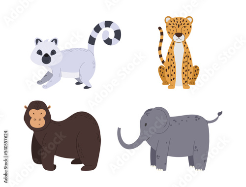 Set African Safari Animals Lemur, Cheetah, Gorilla and Elephant Design Elements for Kids Isolated on White Background