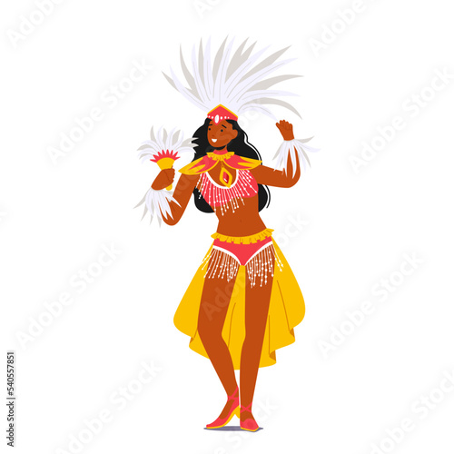 Girl Wearing Festival Costume with Feathers Dancing at Carnival in Rio De Janeiro. Brazilian Samba Dancer Woman