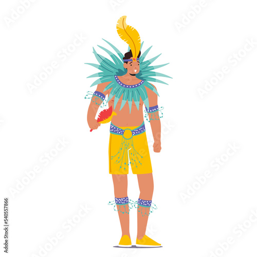 Man Dancing at Carnival in Rio De Janeiro. Brazilian Samba Dancer Wearing Festival Costume with Multicolored Feathers