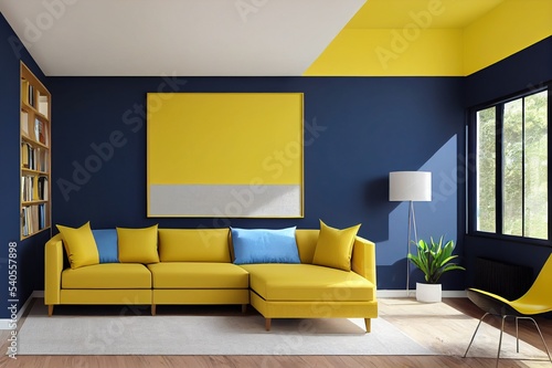 Accent lounge area in a large living room. Blue yellow colors. Empty dark blue wall and bright yellow ocher mustard sofa. Mockup modern interior design. 3d rendering photo