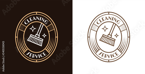 Cleaning service vintage logo design set, broom emblem symbol, clean job patch concept, cleaner retro editable commercial logotype, washer branding, isolated on background