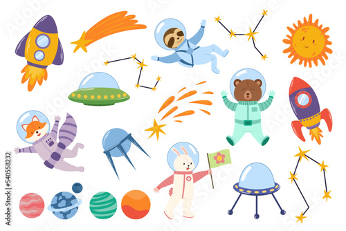 Set Of Cute Animals Astronauts In Space. Funny Sloth, Bear, Fox And Rabbit. Alien Saucers, Planets, Sun, Constellation