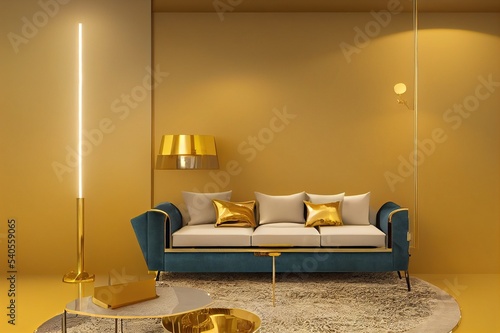 Luxury modern interior of living room ,Living coral decor concept ,blue navy sofa and gold table with gold lamp on light ping wall and woodfloor ,3d render