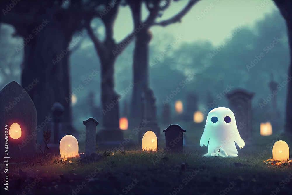 Cute Kawaii Ghost, in a graveyard with glowing lights, halloween themed ...