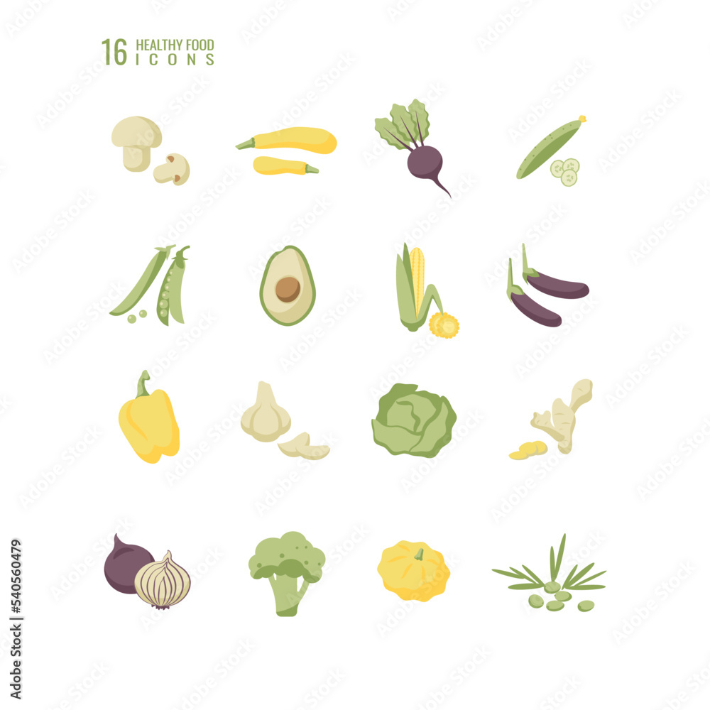 Set of healthy food icons in cartoon style. Natural products. Set of vegetables and mushrooms. Vector Set of healthy food icons in cartoon style. Natural products. Set of vegetables and mushrooms. Vector