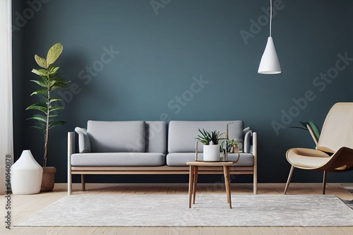 Design scandinavian interior of living room with wooden console, beautiful plants, table lamp and elegant personal accessories. Stylish mock up poster map. Modern home decor. Template.