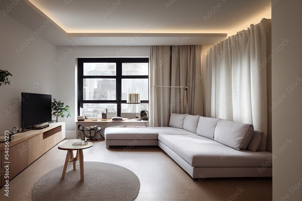 Fototapeta premium modern interior design of the living area in the studio apartment in warm soft colors. decorative built in lighting and soft beige furniture