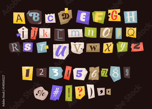 Clipping alphabet and numbers. Anonymous letters cut from magazines. Cut Letters. Vector font