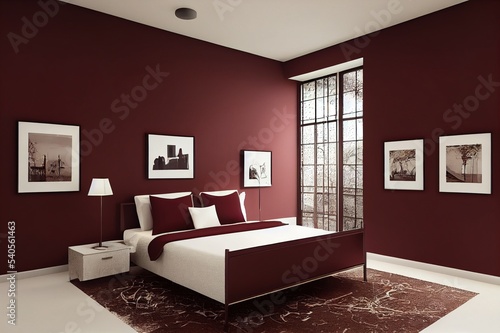 Interior room in plain monochrome dark red, maroon color, 4 picture frames on the wall with furnitures and plants for poster presentation. 3D rendering