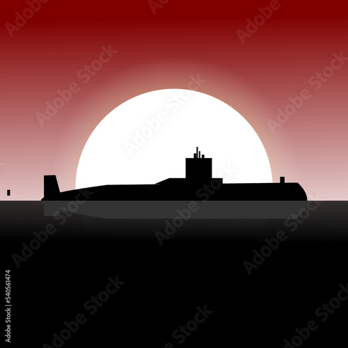 Illustration of a submarine floating in the sea at sunset