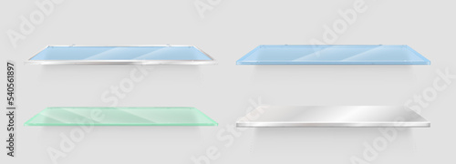 Empty glass shelves from transparent blue glass and white acrylic isolated with shadow
