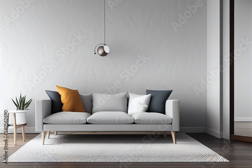 Blank wall mockup in home interior background, white room with natural wooden furniture, 3d render