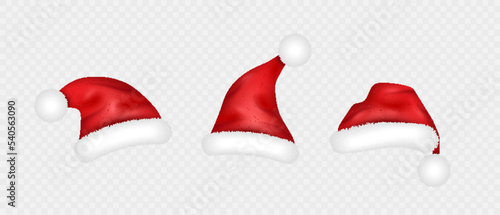 Red Santa Claus hat set. Traditional Christmas accessory elements for holiday party costume