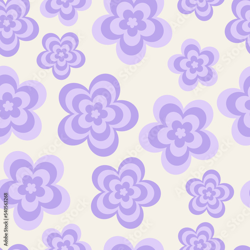 Y2k seamless pattern with flowers, tunnel of concentric daisies. Vector background in retro psychedelic 2000s style. Lilac color.  Trendy girly design. Funny cute texture.
