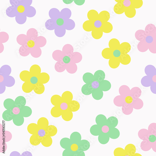 Y2k seamless pattern with groovy daisy. Vector background in trendy retro trippy 2000s style. Lilac, pink, yellow and green color. Funny cute texture for surface design.
