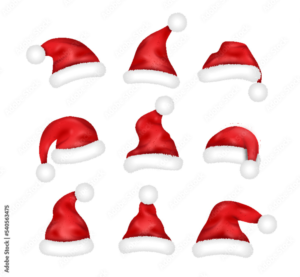 Realistic Santa hats set. 3d red caps for Christmas, New year and december holidays web design Realistic Santa hats set. 3d red caps for Christmas, New year and december holidays web design