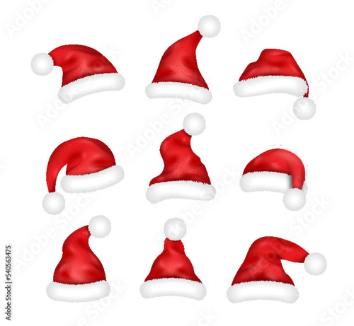 Realistic Santa hats set. 3d red caps for Christmas  New year and december holidays web design