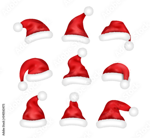 Realistic Santa hats set. 3d red caps for Christmas, New year and december holidays web design