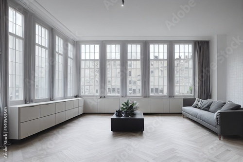 Modern luxury stylish apartment interior in pastel colors. a very bright room with huge windows filled with daylight. white walls  wooden parquet floors and a dark marble fireplace