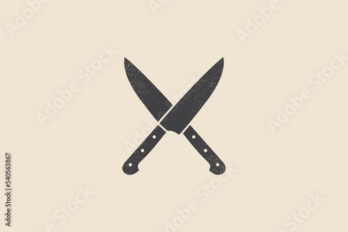 Silhouette vector illustration of two crossed knives on a light isolated background. Design element for shop, market, packaging, labels and logo. Vector illustration.