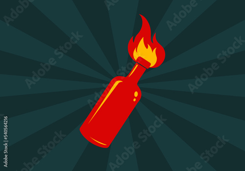 Vector icon of cocktail Molotov on vintage background. Vector illustration of bottle in fire. Protest.