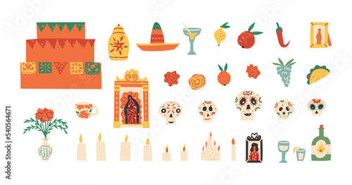 Cute Dia De Los Muertos outline collection, Day of the Dead vector clipart set. Altar or shrine, sugar skulls, candles.