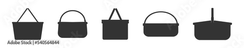 Silhouettes of empty wicker picnic baskets. Set of different hand woven willow baskets and hampers isolated on white background. Vector graphic illustration