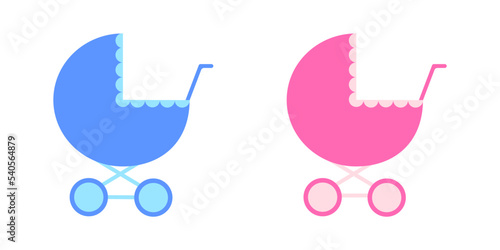 Blue and pink carriages for little boy or girl. Baby strollers isolated on white background. Vector flat illustration.