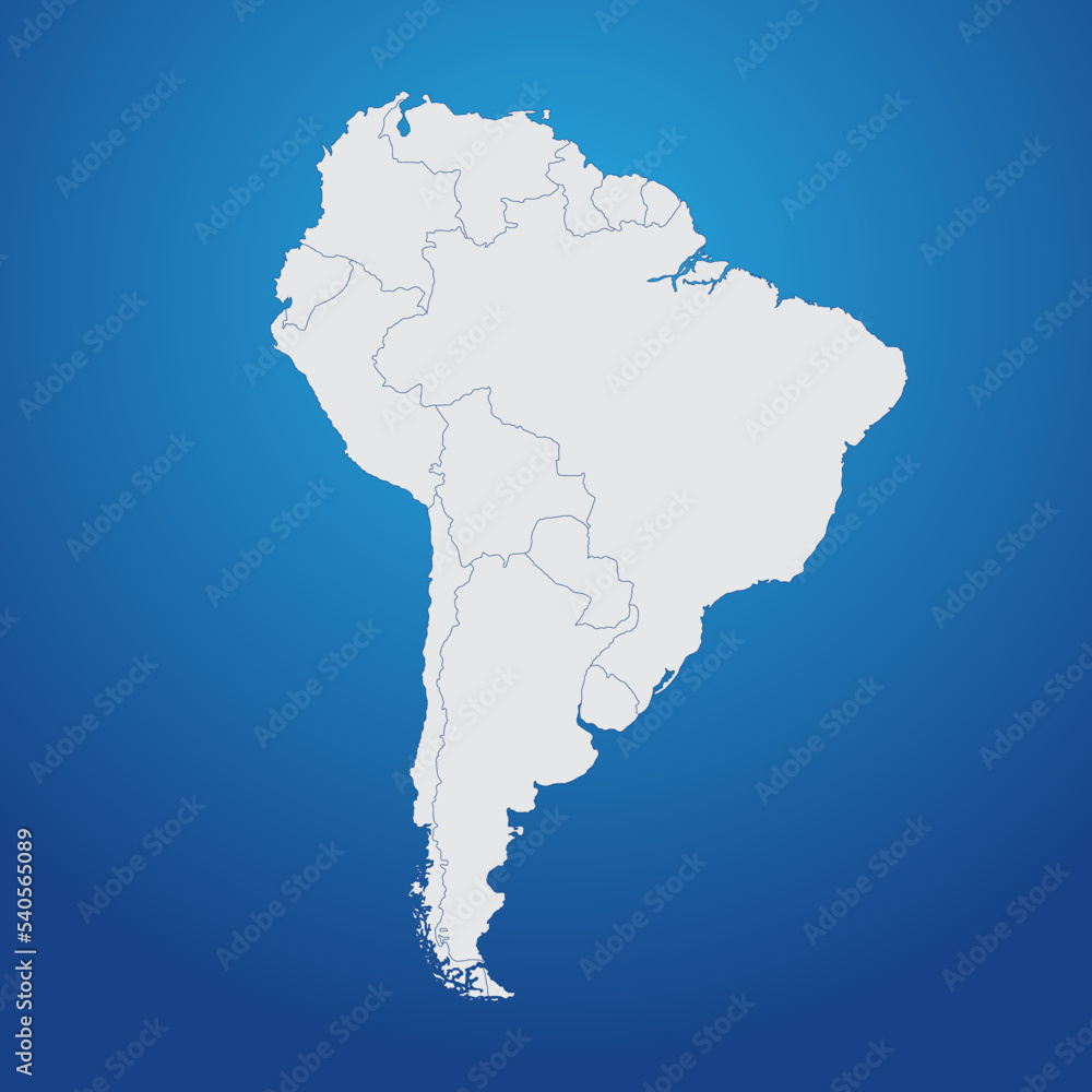 Detailed contour map of South America. Continent with country borders.  Detailed vector illustration Stock Vector