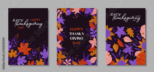 Set of card Happy Thanksgiving Day with pumpkins, sunflowers and color autumn leaves