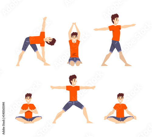 Smiling Man in Red Sweatshirt Doing Yoga Breathing in Different Asana Vector Set