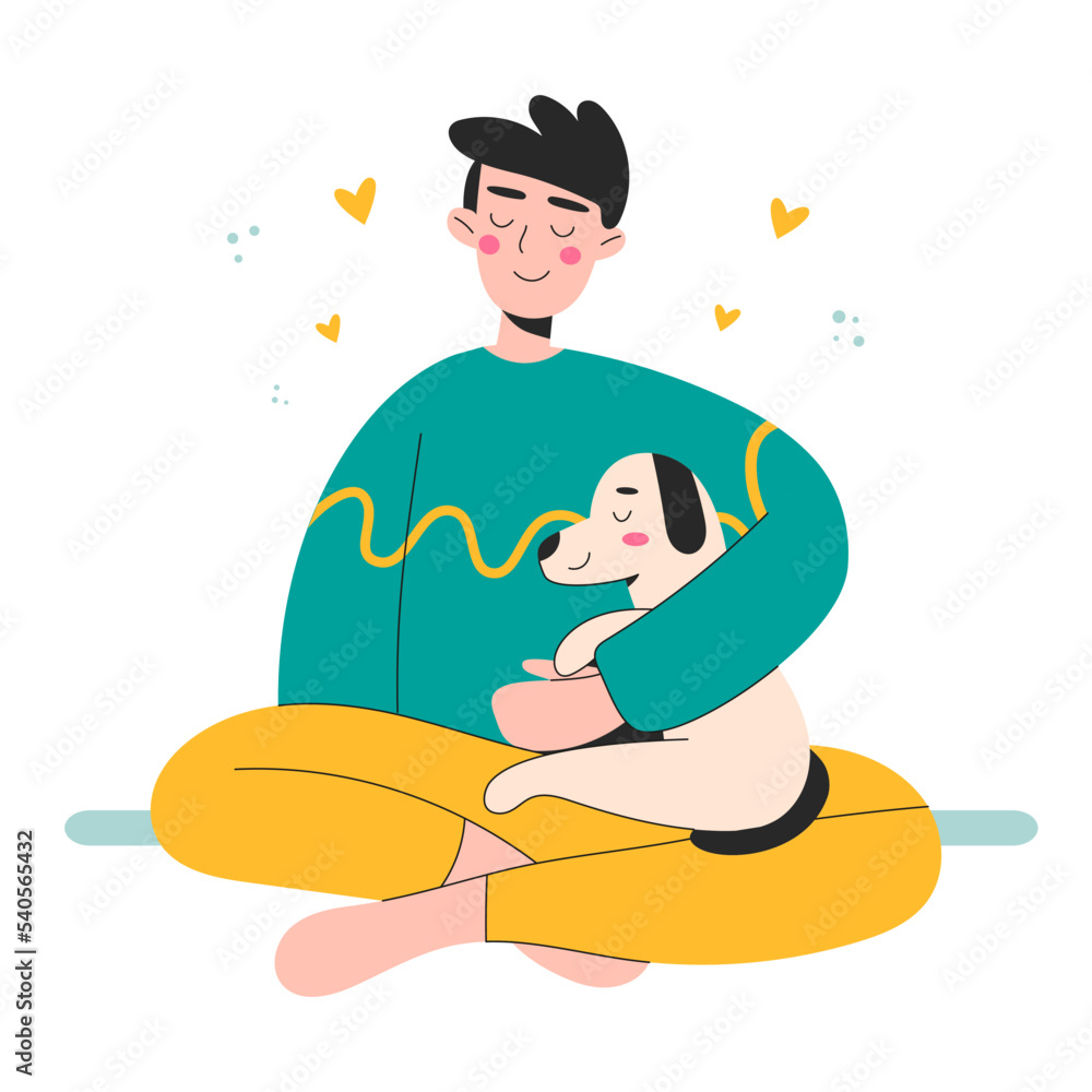 Naklejka premium Boy Relaxing and Spending Time with your Dog. Character Take Care of Dog. Best friends. Pet Sitter and Animal Lover Concept. Flat Cartoon Vector Illustration.
