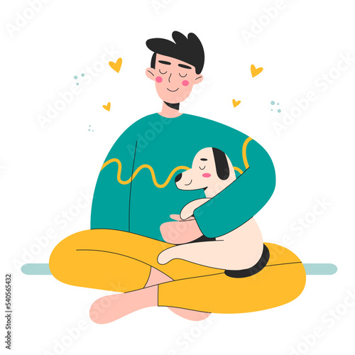 Boy Relaxing and Spending Time with your Dog. Character Take Care of Dog. Best friends. Pet Sitter and Animal Lover Concept. Flat Cartoon Vector Illustration.
