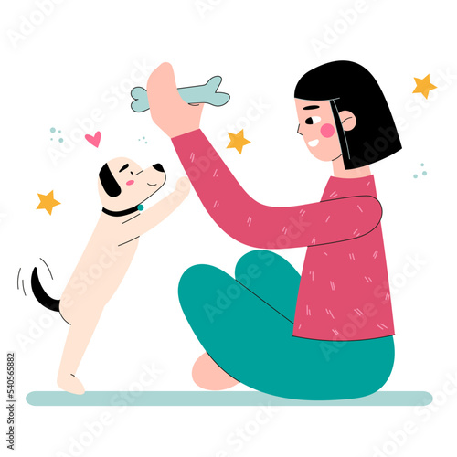 Girl Relaxing and Spending Time with your Dog. Character Take Care of Dog. Best friends. Pet Sitter and Animal Lover Concept. Flat Cartoon Vector Illustration.