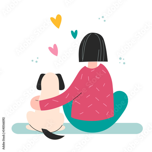 Girl Relaxing and Spending Time with your Dog. Character Take Care of Dog. Best friends. Pet Sitter and Animal Lover Concept. Flat Cartoon Vector Illustration.