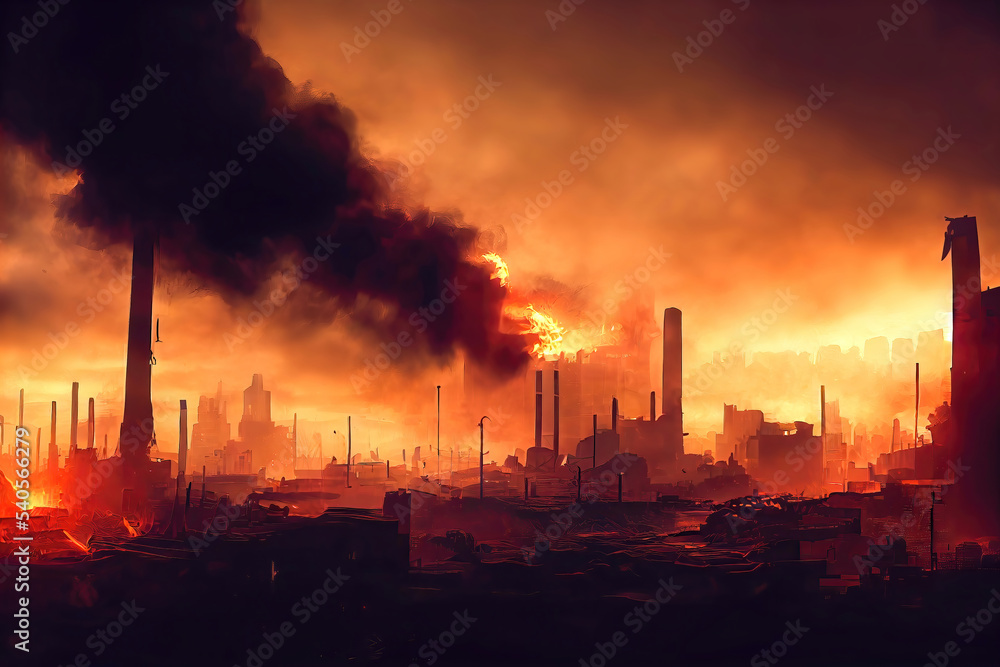 3D Illustration. Digital Art. Warzone city with smoke and fire sources, concept art