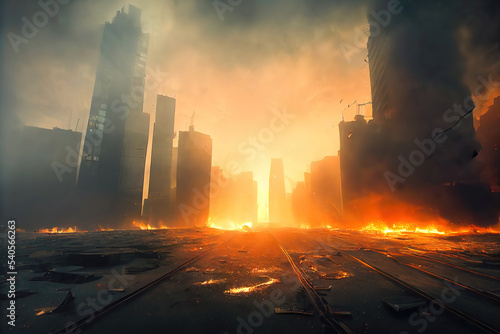 3D Illustration. Digital Art. Warzone city with smoke and fire sources, concept art photo