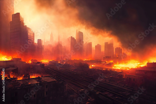 3D Illustration. Digital Art. Warzone city with smoke and fire sources  concept art
