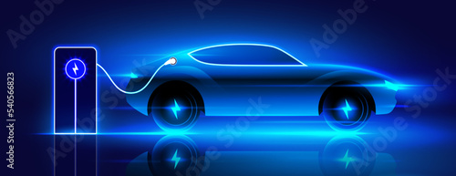 Electric car charging on the station, vector illustration. Blue neon glowing EV vehicle filling up a battery. Modern hybrid car with voltage symbol on the wheel.