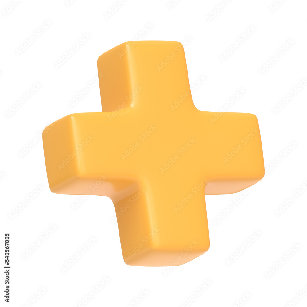 Obraz premium Yellow plus sign isolated on white background. 3D icon, sign and symbol. Cartoon minimal style. 3D Rendering Illustration
