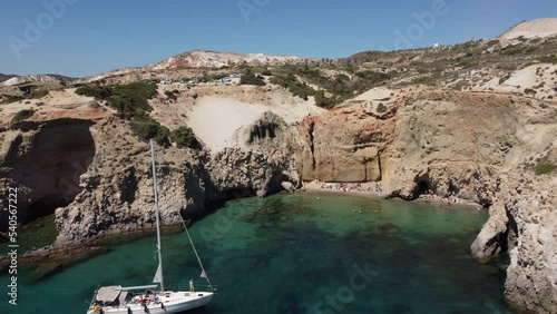 Tsigrado Beach Aerial View in Milos, Cyclades Island in Aegean Sea, Greece