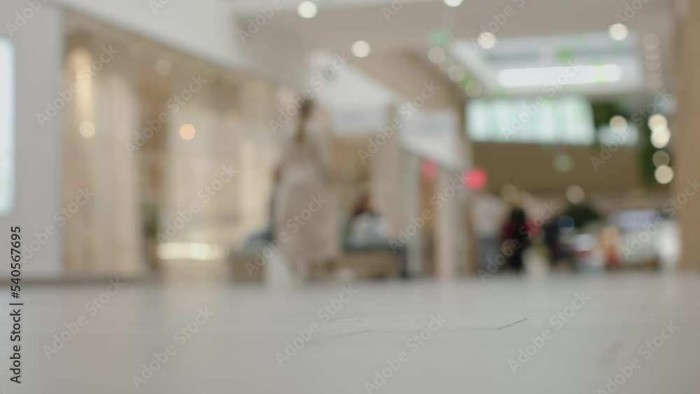 burred defocused people walking in shopping mall retail stores customers go shop. Unrecognizable pedestrian walk along rows of retail store in shopping center. Business abstract background burred defocused people walking in shopping mall retail stores customers go shop. Unrecognizable pedestrian walk along rows of retail store in shopping center. Business abstract background