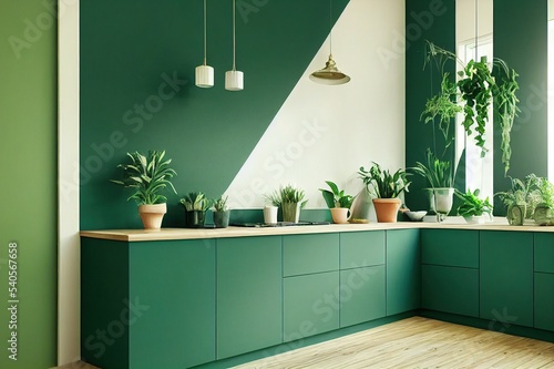 Stylish kitchen interior with green plants. Home decoration