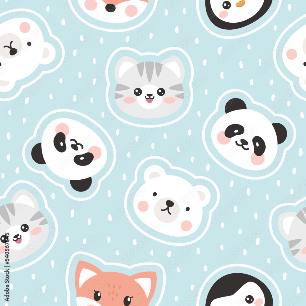 Dashed pastel blue animals seamless pattern for kids, polar bear, penguin, fox, panda, kitten cute faces with white strokes. Baby boy and girl fabric print. Dashed pastel blue animals seamless pattern for kids, polar bear, penguin, fox, panda, kitten cute faces with white strokes. Baby boy and girl fabric print.