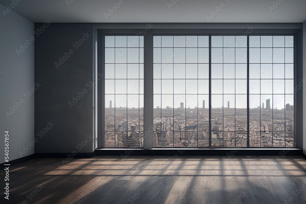 Bright empty interior with two large window, city view and blank gray wall. 3D Rendering