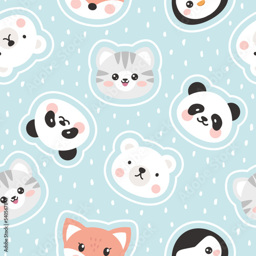 Dashed pastel blue animals seamless pattern for kids, polar bear, penguin, fox, panda, kitten cute faces with white strokes. Baby boy and girl fabric print.