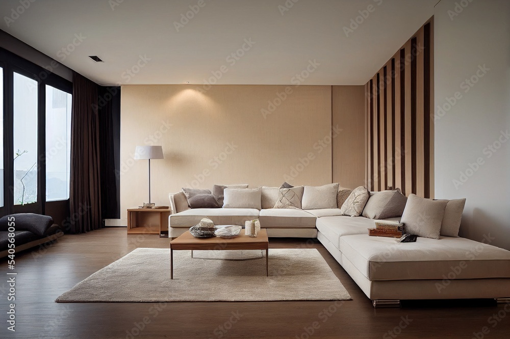 Luxury living room with big beige corner sofa and wooden floor and wall ...
