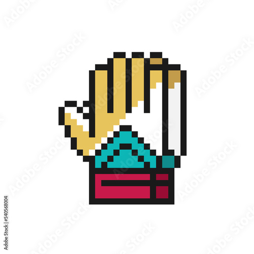 Football or snooker goalkeeper gloves icon in pixel art design isolated on white background.