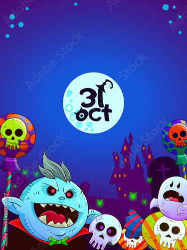 Vector illustration for halloween with blue background, vampire candy skulls and ghosts. (ID: 540569857)