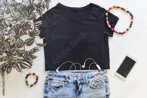 Blank t-shirts, jeans, smartphone, earphones, bag, sneakers, decor for mockups for sublimation prints